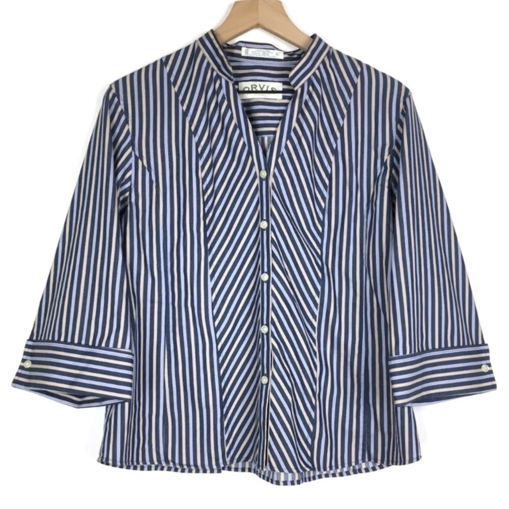 ORVIS Top Button Up Wrinkle Free Striped 3/4 Sleeves French Cuffs Plus Size 16